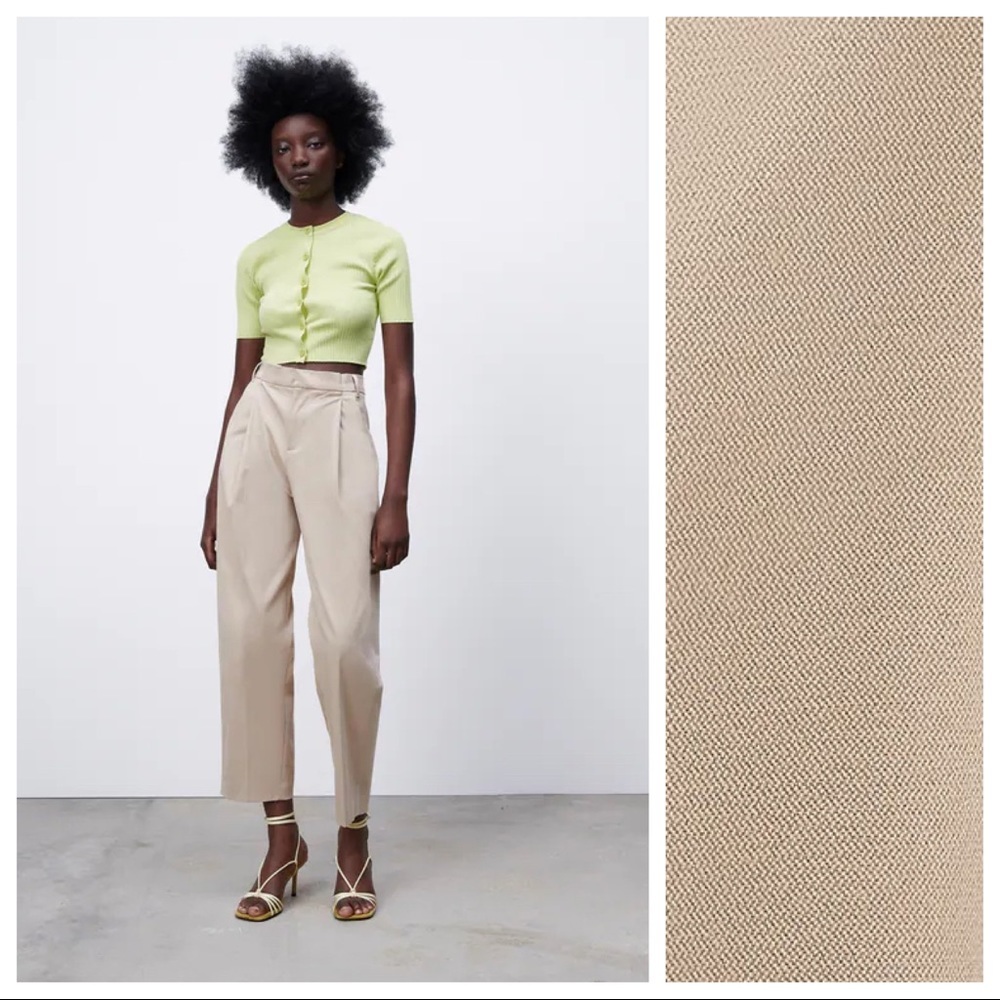 NWT. Zara Light Tan Pleated Flowy High-waisted Wide Legs Pants. Size L.